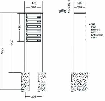 RENZ Briefkastenanlage freistehend, Tetro, Edelstahl V4A, Kastenformat 370x110x270mm, 6-teilig